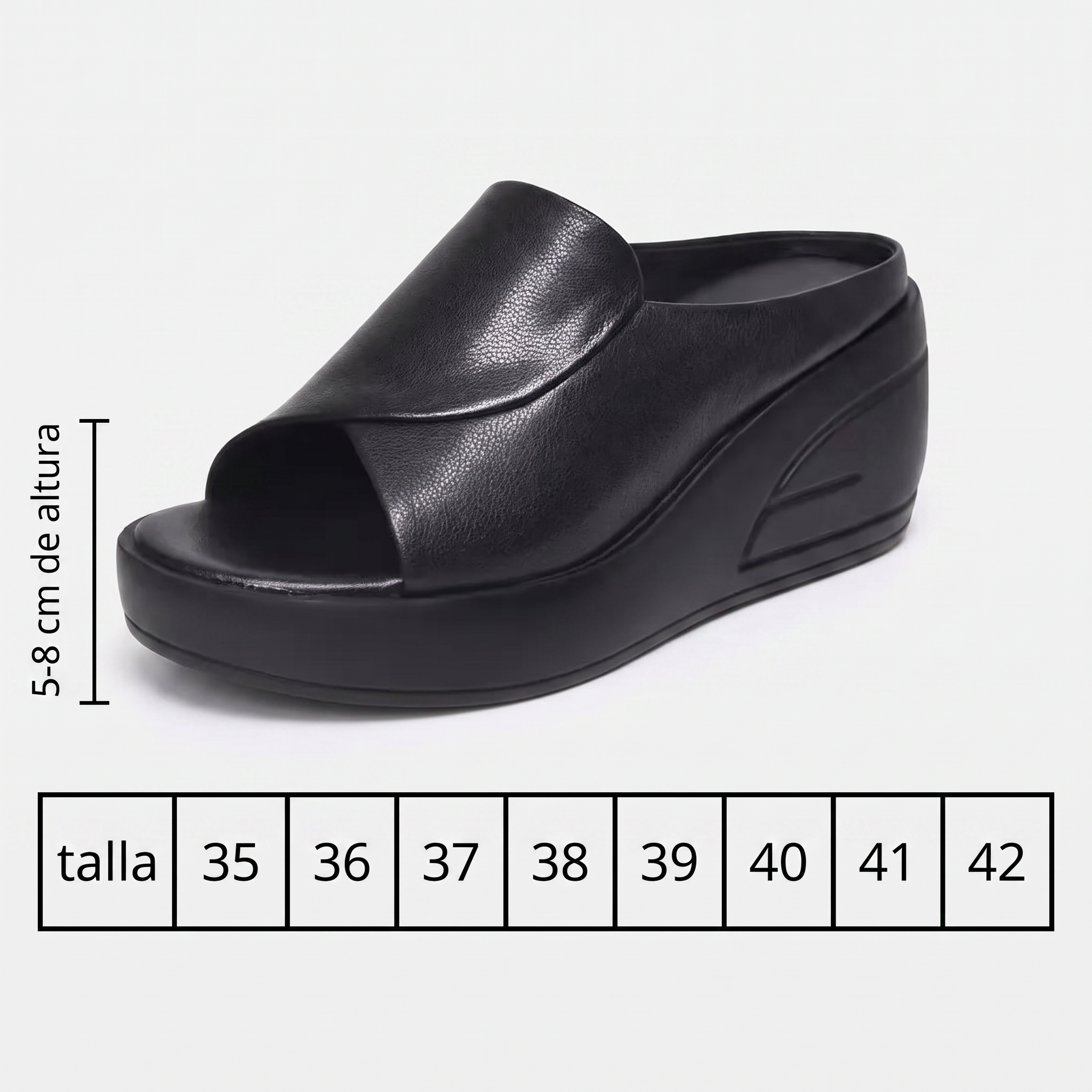 Guía de tallas de las mules Julie: de la 35 a la 42, cuña de 5-8 cm de altura