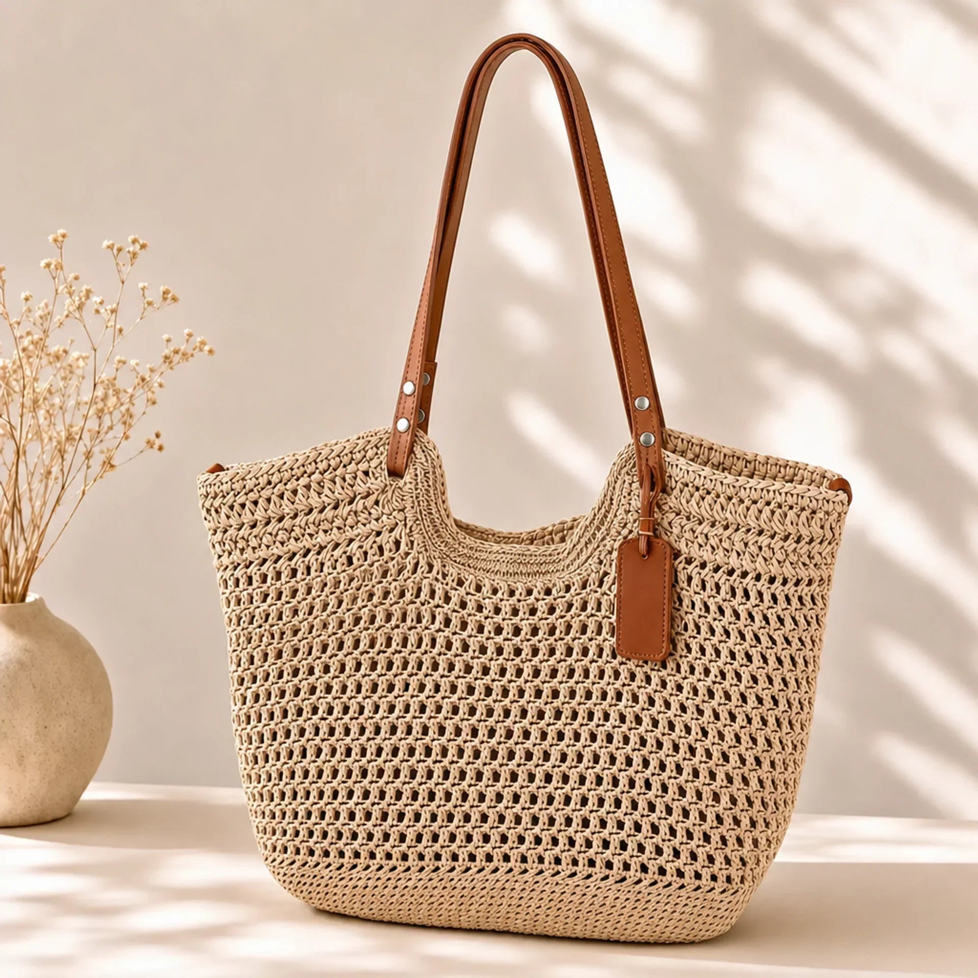 Bolso shopper de ganchillo calado Alina en beige claro con asas efecto piel — Valentina Massimo