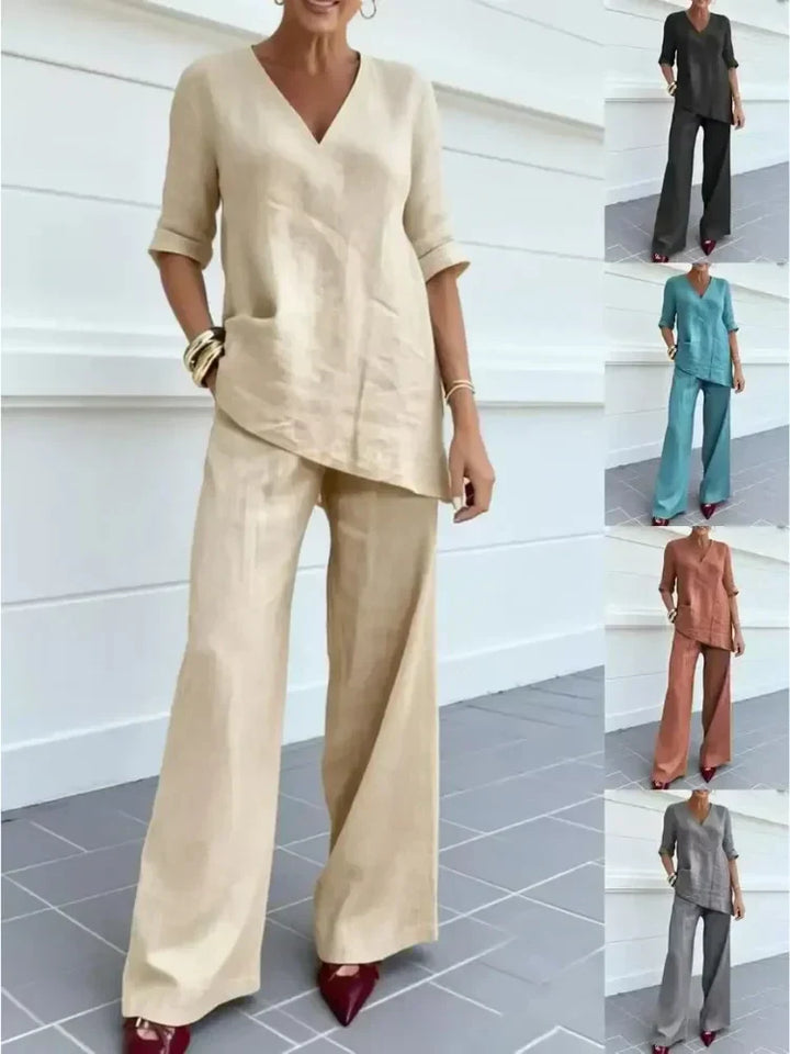 Susana | Conjunto de dos piezas con top de manga corta y pantalón recto