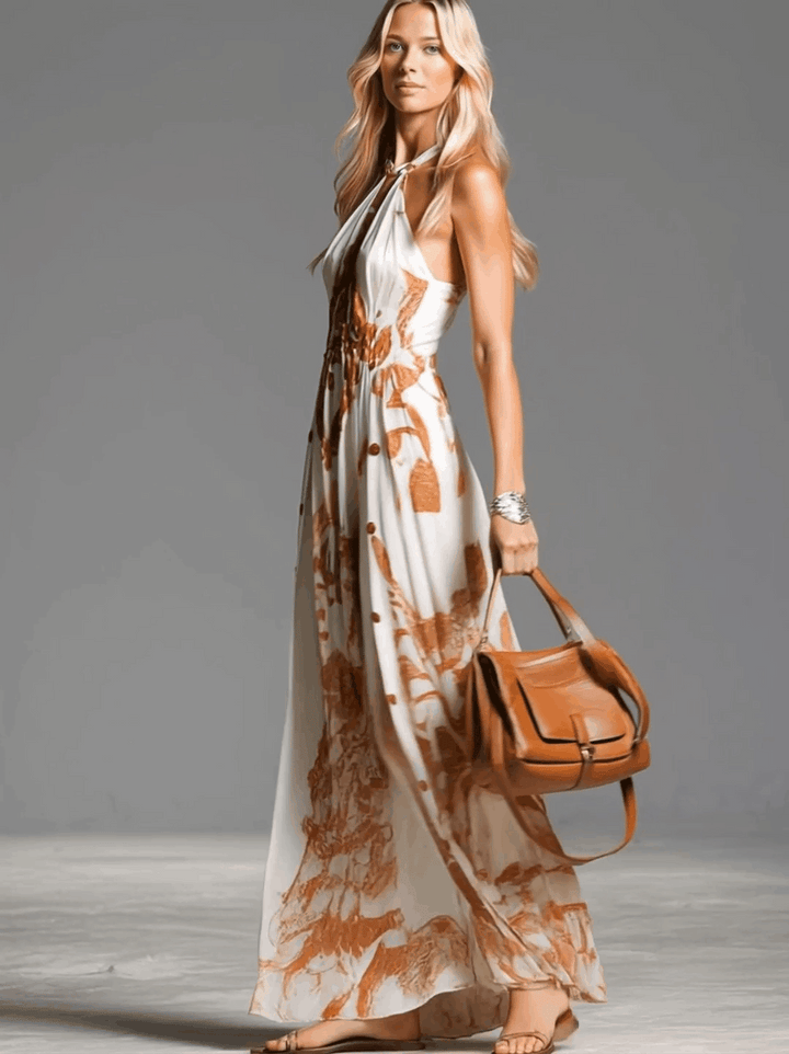 Bea | Vestido largo bohemio vintage con escote halter y abertura