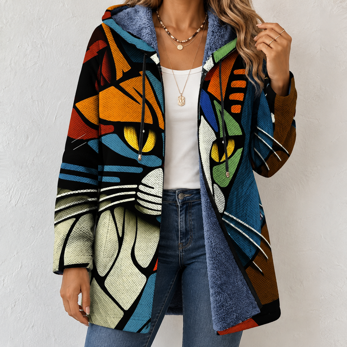 Chaqueta de punto con capucha y estampado de gato abstracto