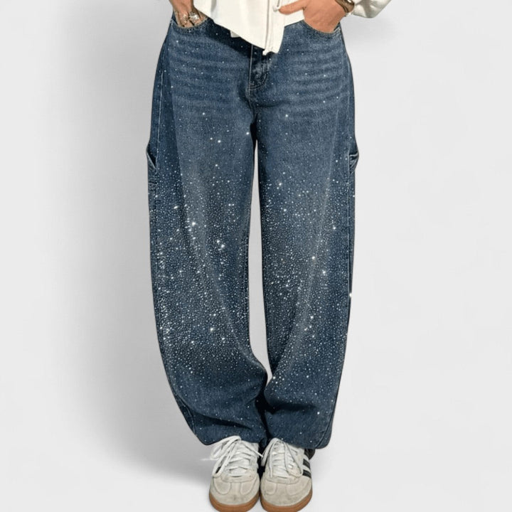Julia - Jeans Carpintero de Globo a la Moda con Brillo