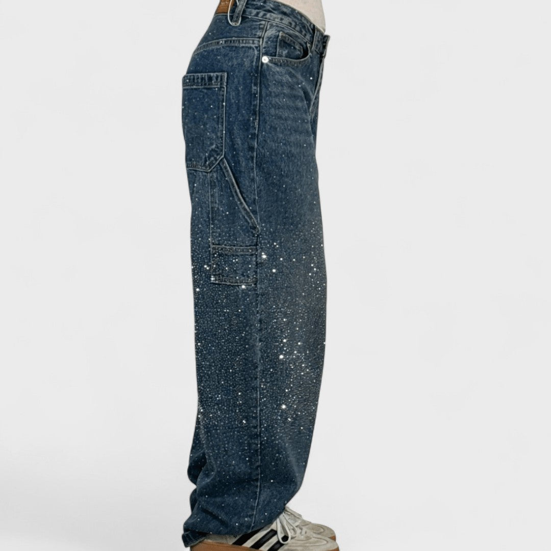 Julia - Jeans Carpintero de Globo a la Moda con Brillo