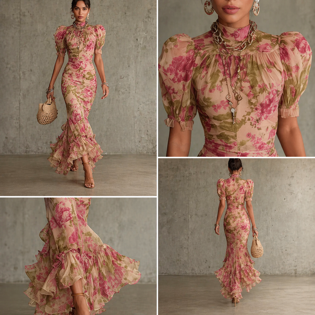 SAE | Vestido maxi rosa con mangas abullonadas