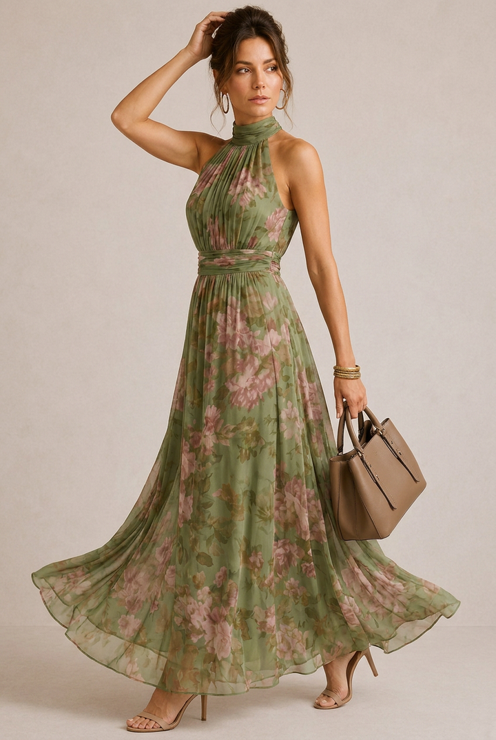 MIRELY | Vestido midi halter fruncido