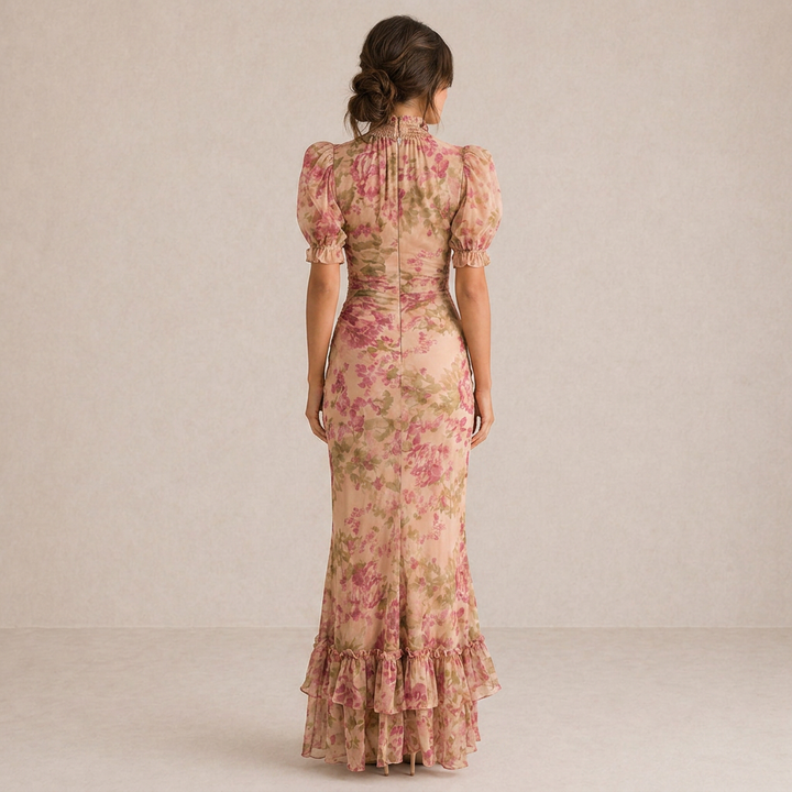 SAE | Vestido maxi rosa con mangas abullonadas