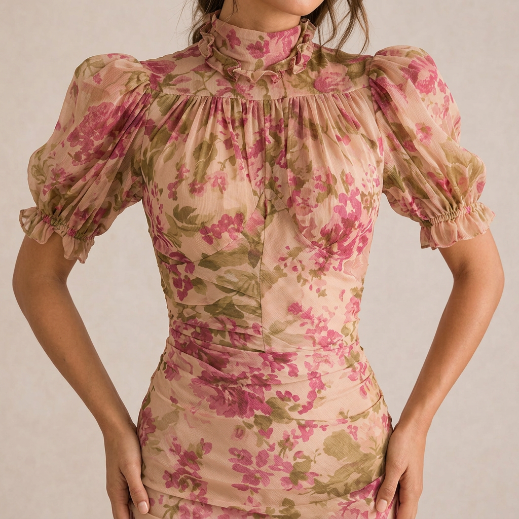 SAE | Vestido maxi rosa con mangas abullonadas