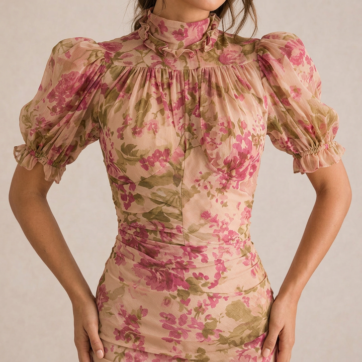 SAE | Vestido maxi rosa con mangas abullonadas