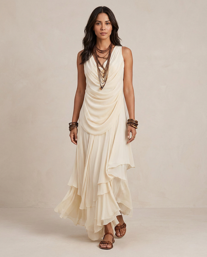 CLARA | Vestido Maxi con Volantes Crema