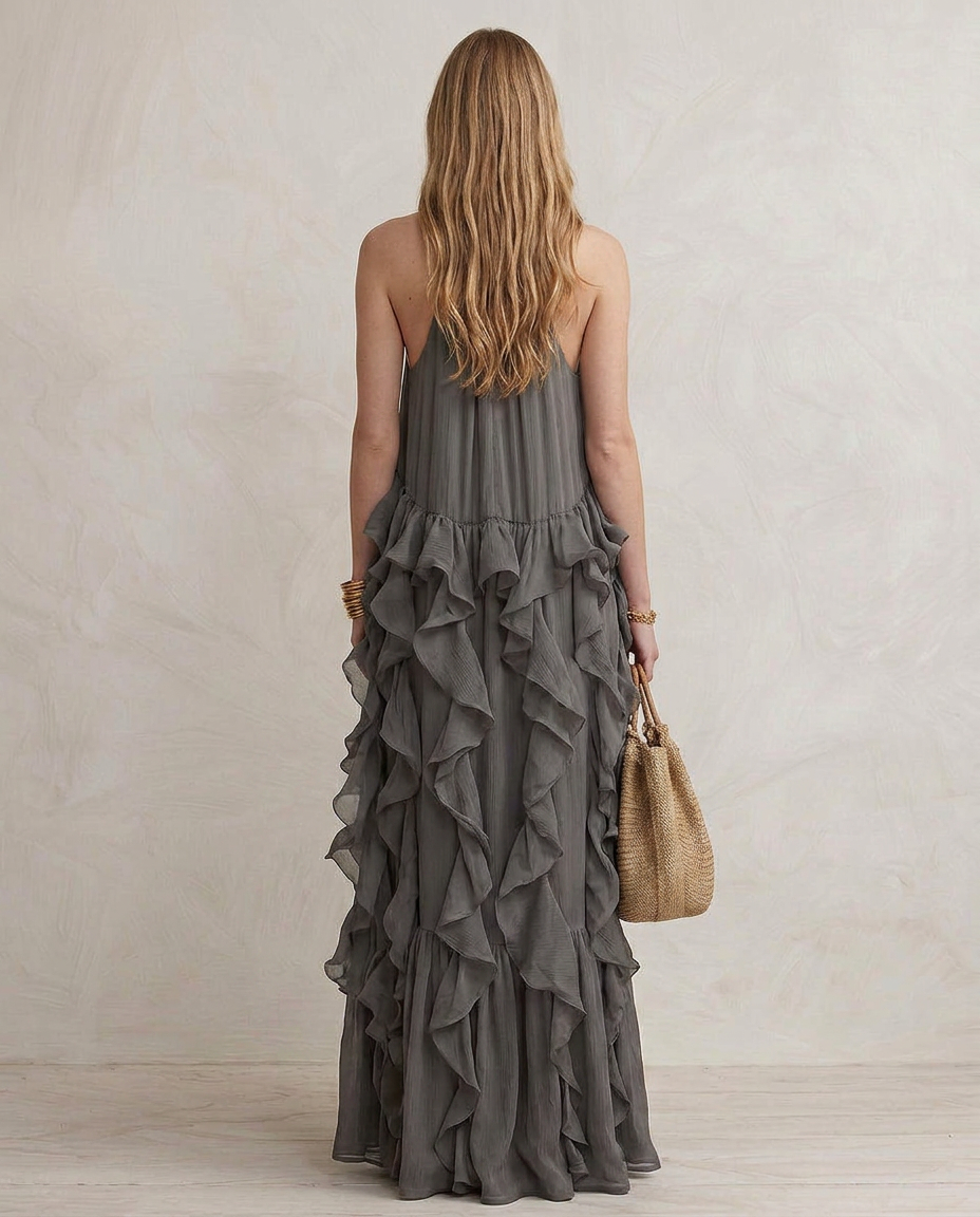 SERENA | Vestido Maxi Gris con Volantes