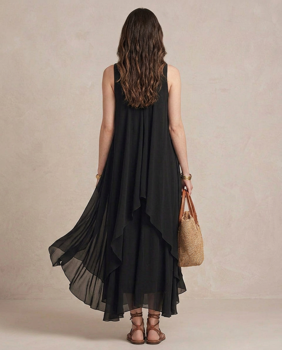 NOEMI | Maxi Vestido Boho de Chiffon Capa Negra