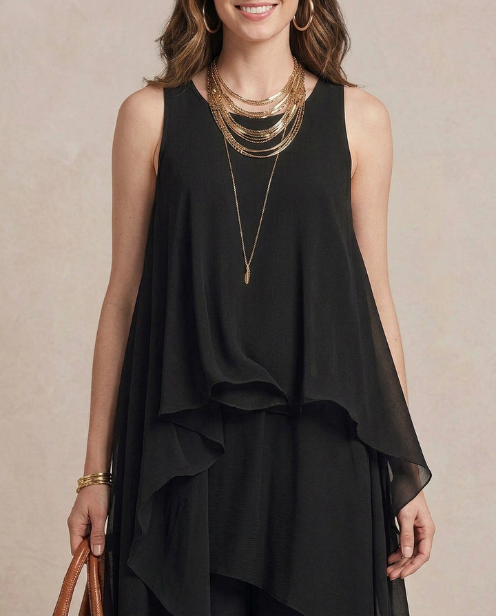 NOEMI | Maxi Vestido Boho de Chiffon Capa Negra