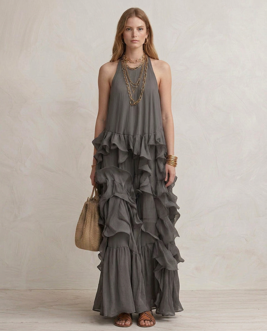 SERENA | Vestido Maxi Gris con Volantes