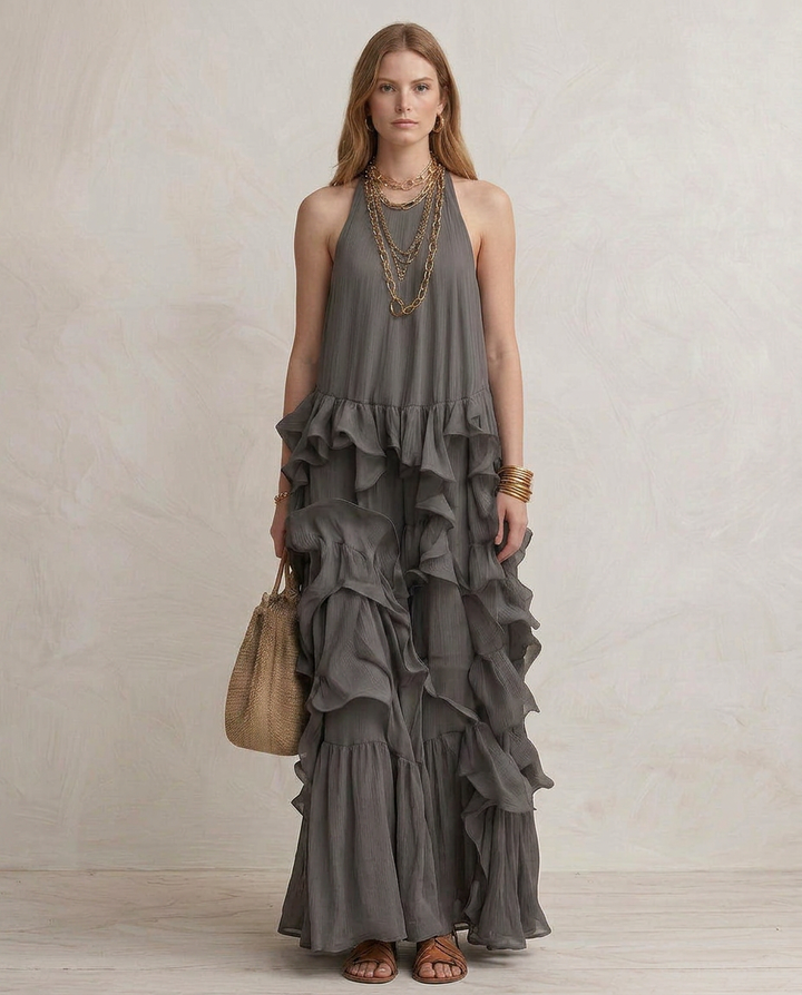 SERENA | Vestido Maxi Gris con Volantes