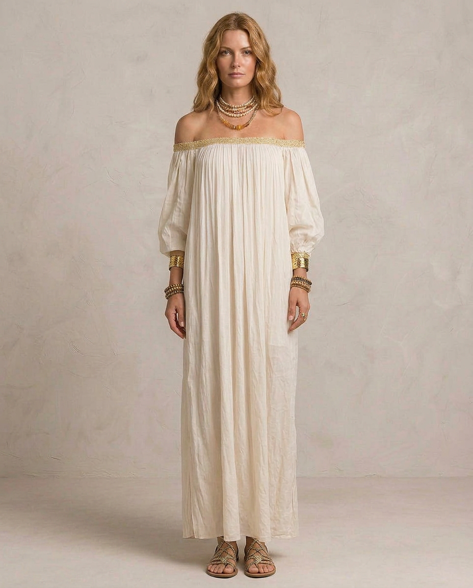 ISABELLA | Maxi Vestido Boho Plisado Marfil
