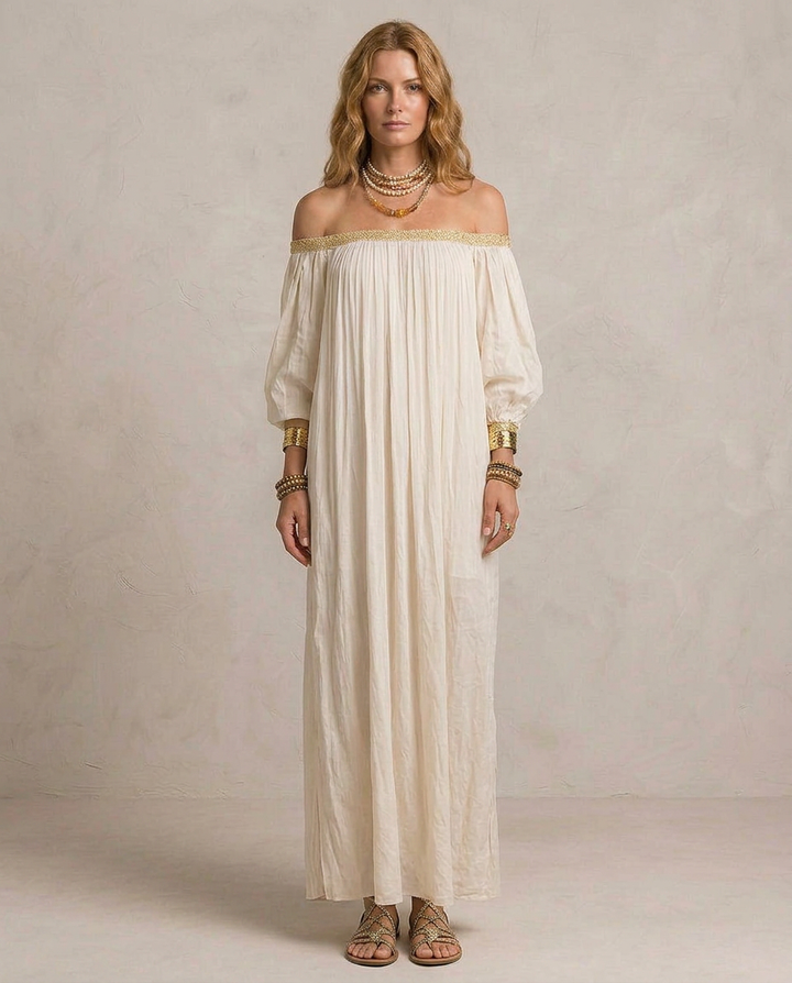 ISABELLA | Maxi Vestido Boho Plisado Marfil