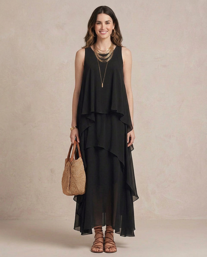 NOEMI | Maxi Vestido Boho de Chiffon Capa Negra