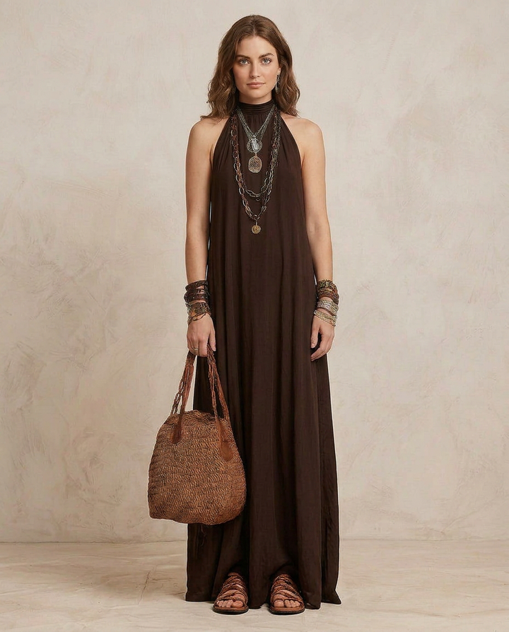 CAMILLA | Maxi Vestido Halter Marrón Oscuro