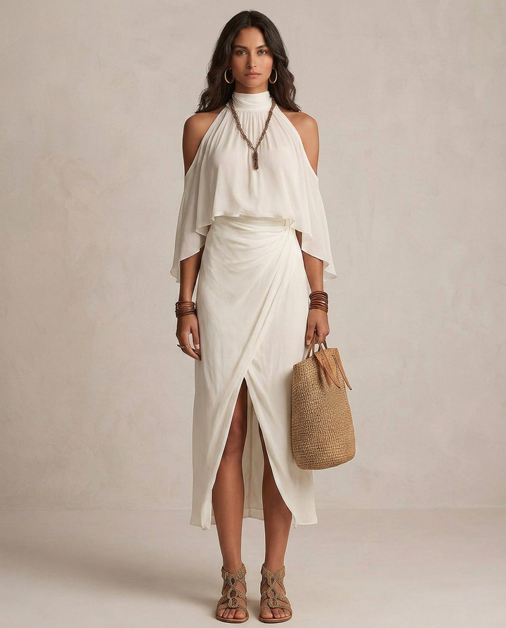 VALENTINA | Vestido Midi Halter Marfil Draped