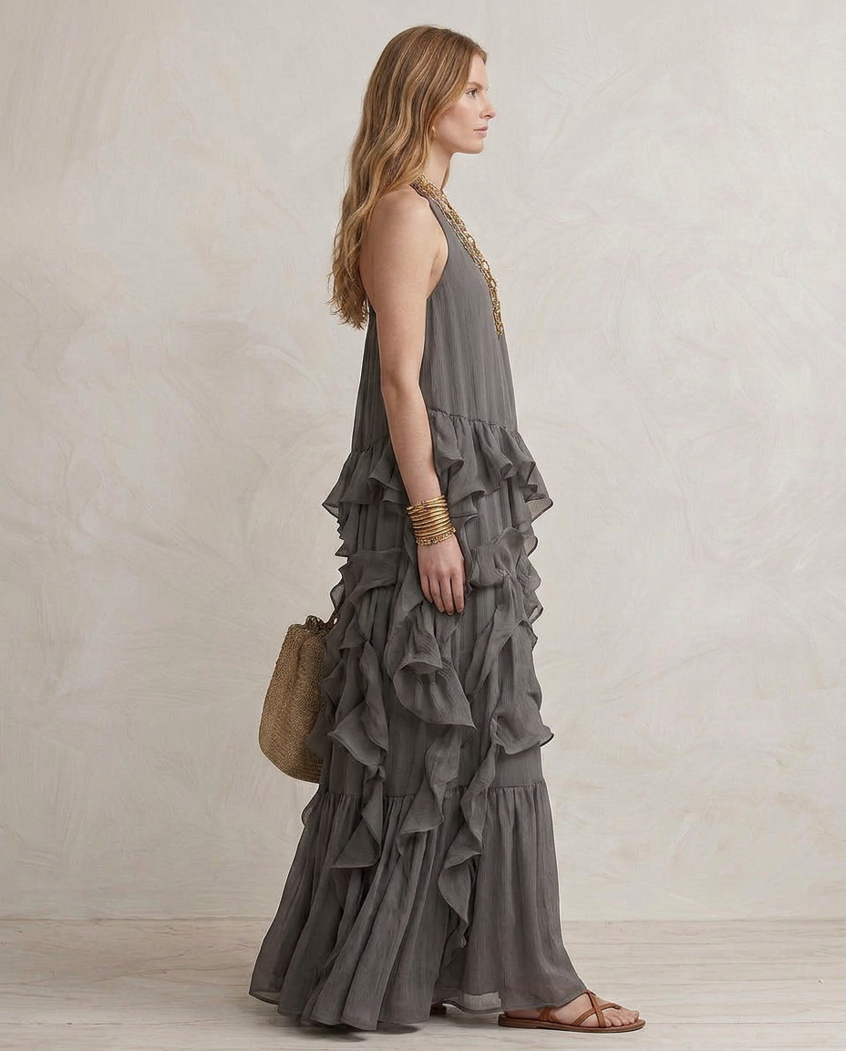 SERENA | Vestido Maxi Gris con Volantes