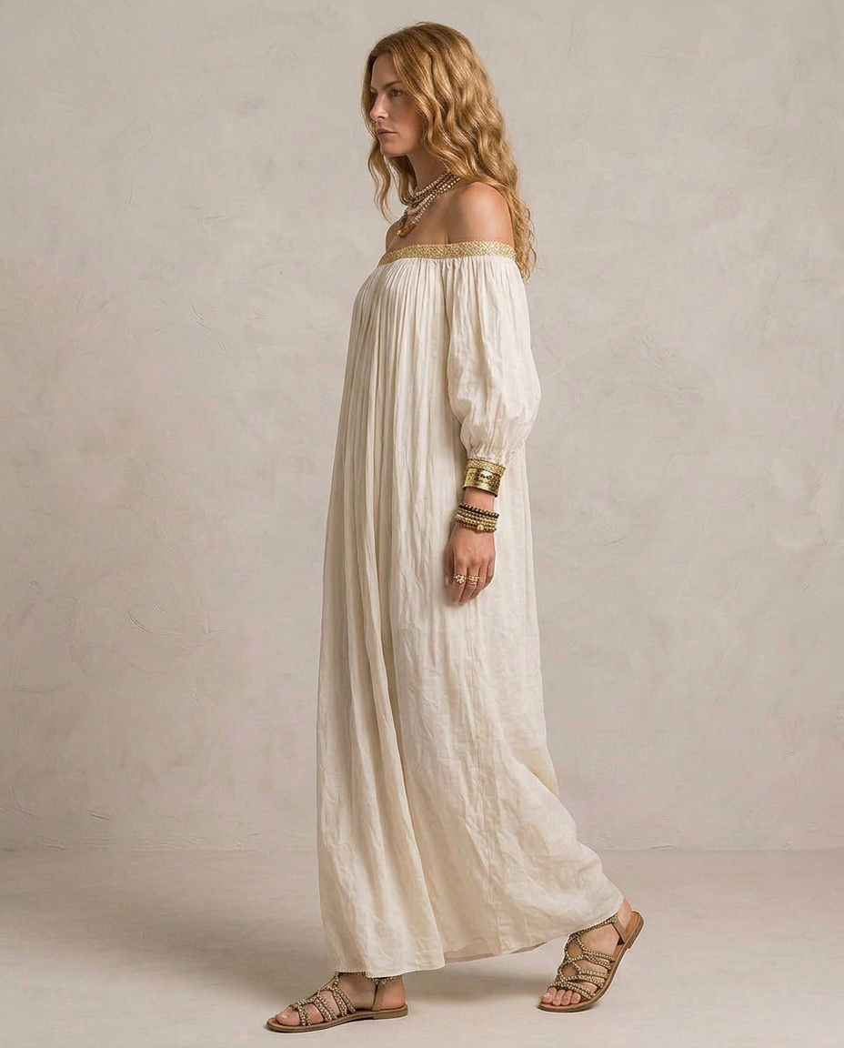 ISABELLA | Maxi Vestido Boho Plisado Marfil