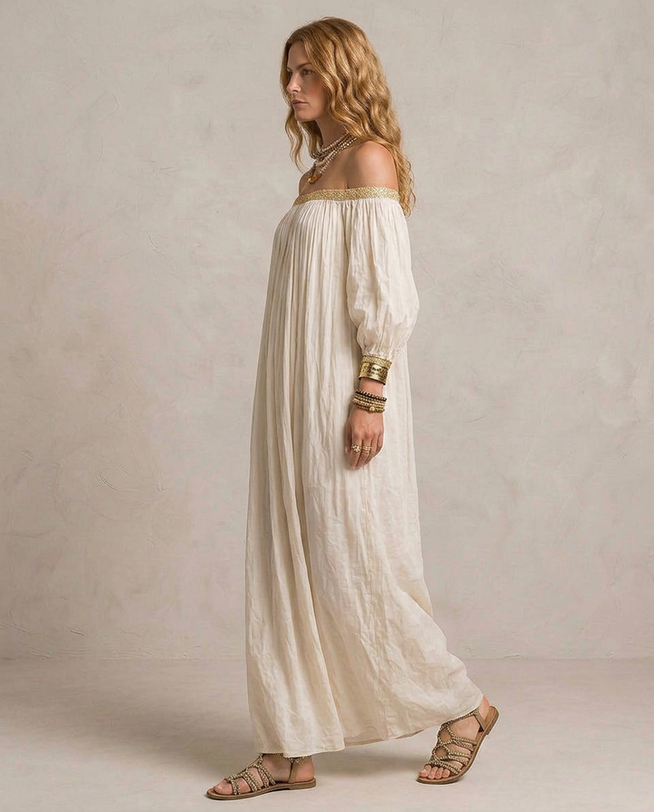 ISABELLA | Maxi Vestido Boho Plisado Marfil