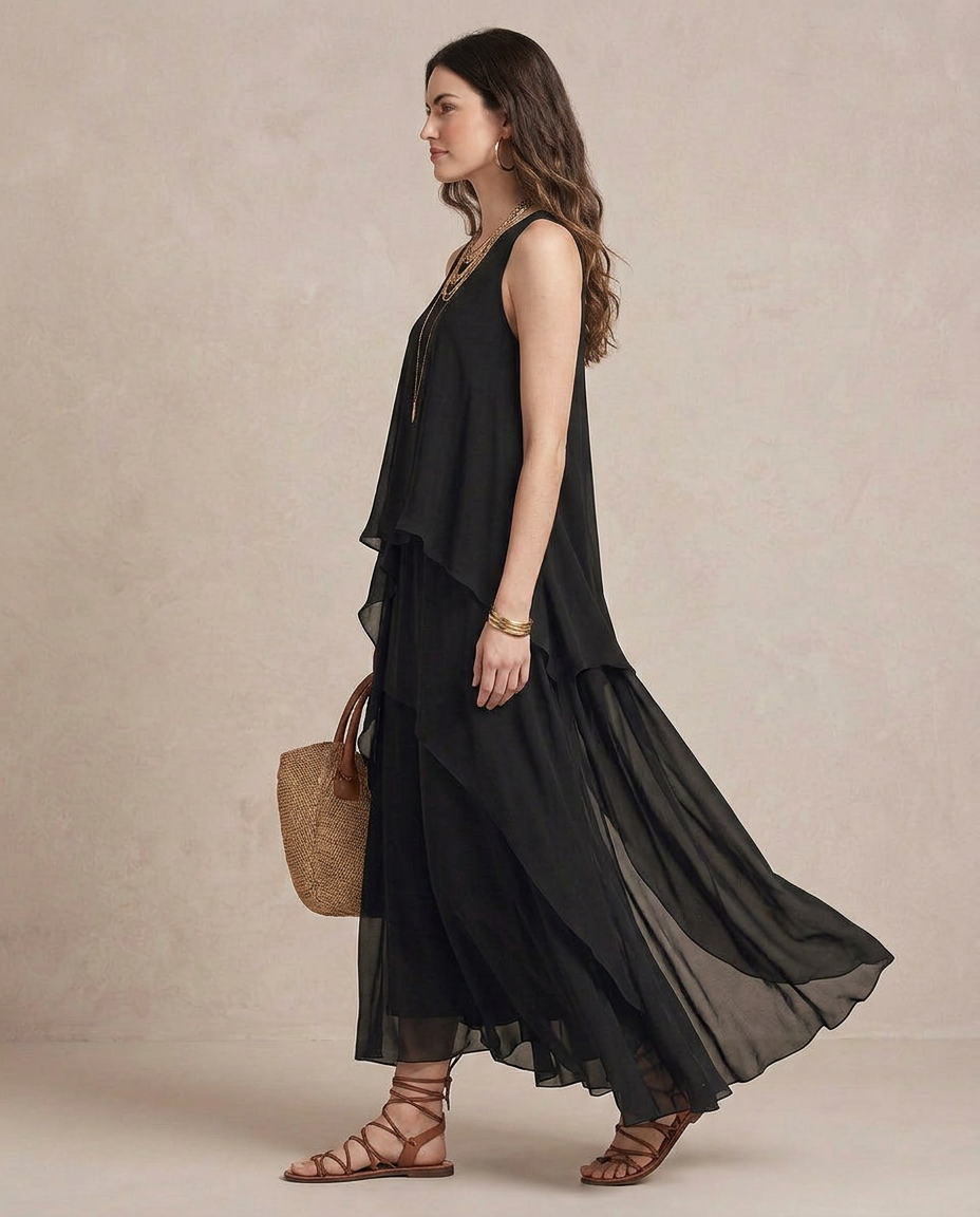 NOEMI | Maxi Vestido Boho de Chiffon Capa Negra