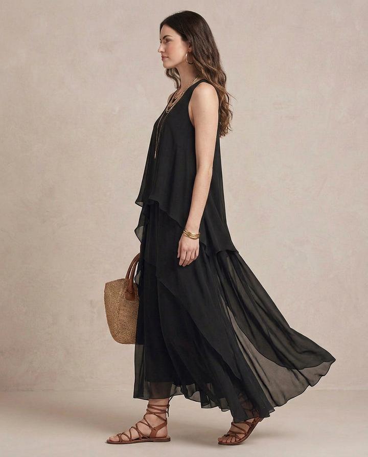 NOEMI | Maxi Vestido Boho de Chiffon Capa Negra