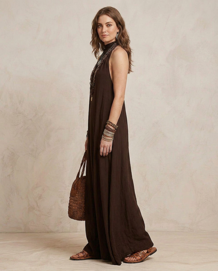 CAMILLA | Maxi Vestido Halter Marrón Oscuro