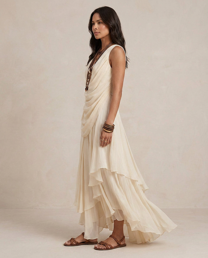 CLARA | Vestido Maxi con Volantes Crema
