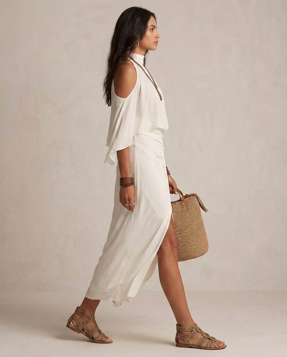 VALENTINA | Vestido Midi Halter Marfil Draped