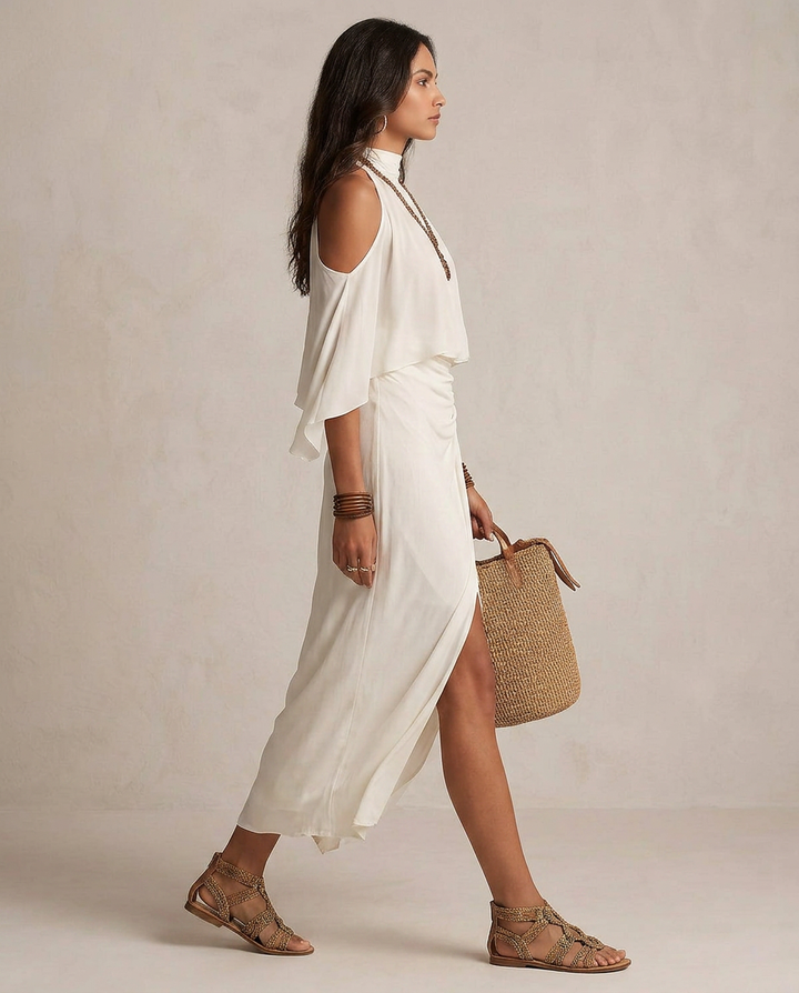 VALENTINA | Vestido Midi Halter Marfil Draped