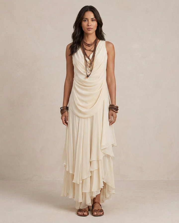 CLARA | Vestido Maxi con Volantes Crema