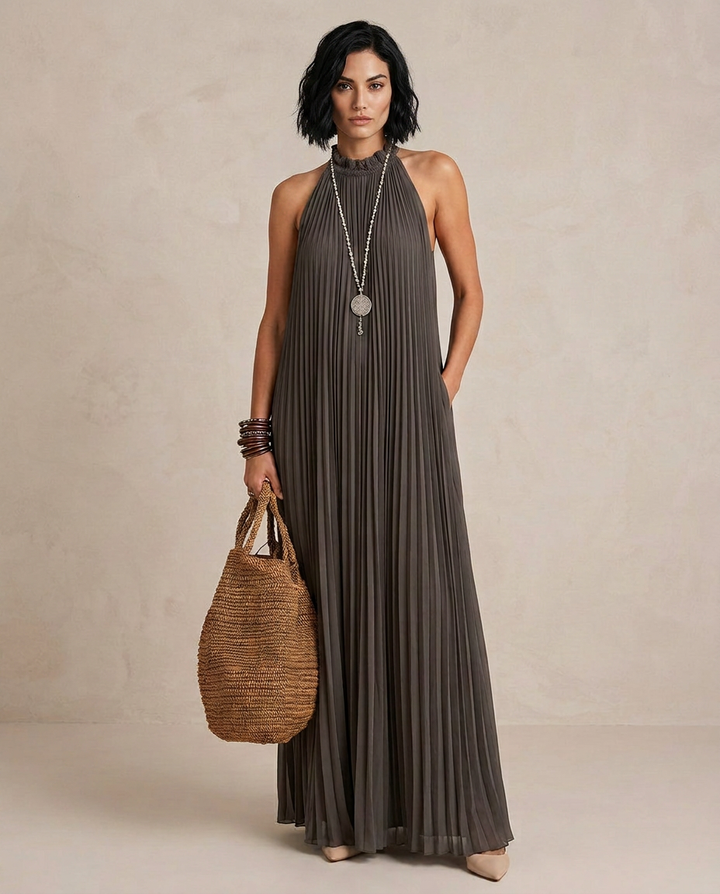 LIRA | Maxi Vestido Halter Plisado Gris