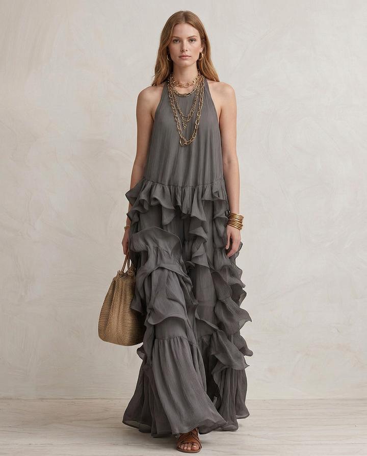 SERENA | Vestido Maxi Gris con Volantes