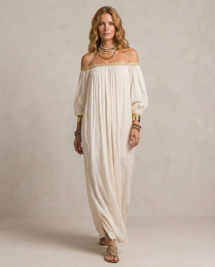 ISABELLA | Maxi Vestido Boho Plisado Marfil
