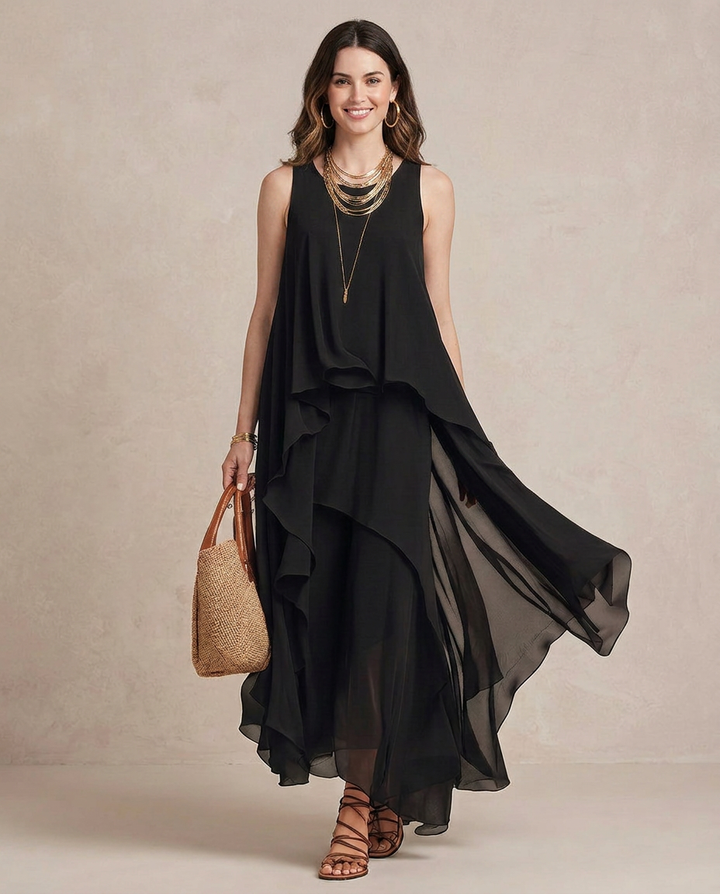 NOEMI | Maxi Vestido Boho de Chiffon Capa Negra