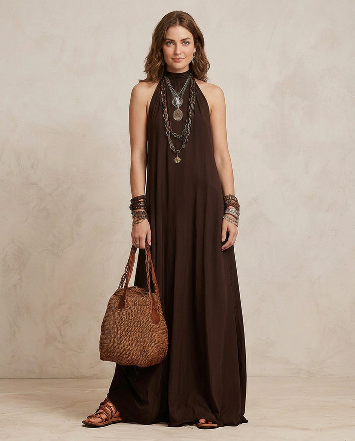CAMILLA | Maxi Vestido Halter Marrón Oscuro