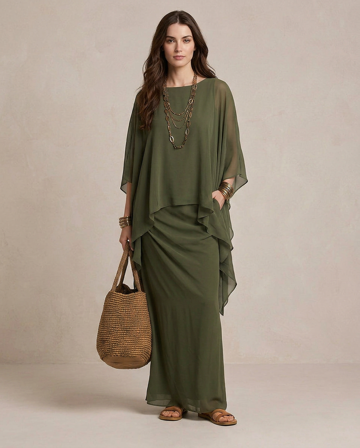 LIA | Maxi Vestido Capa Verde Oliva