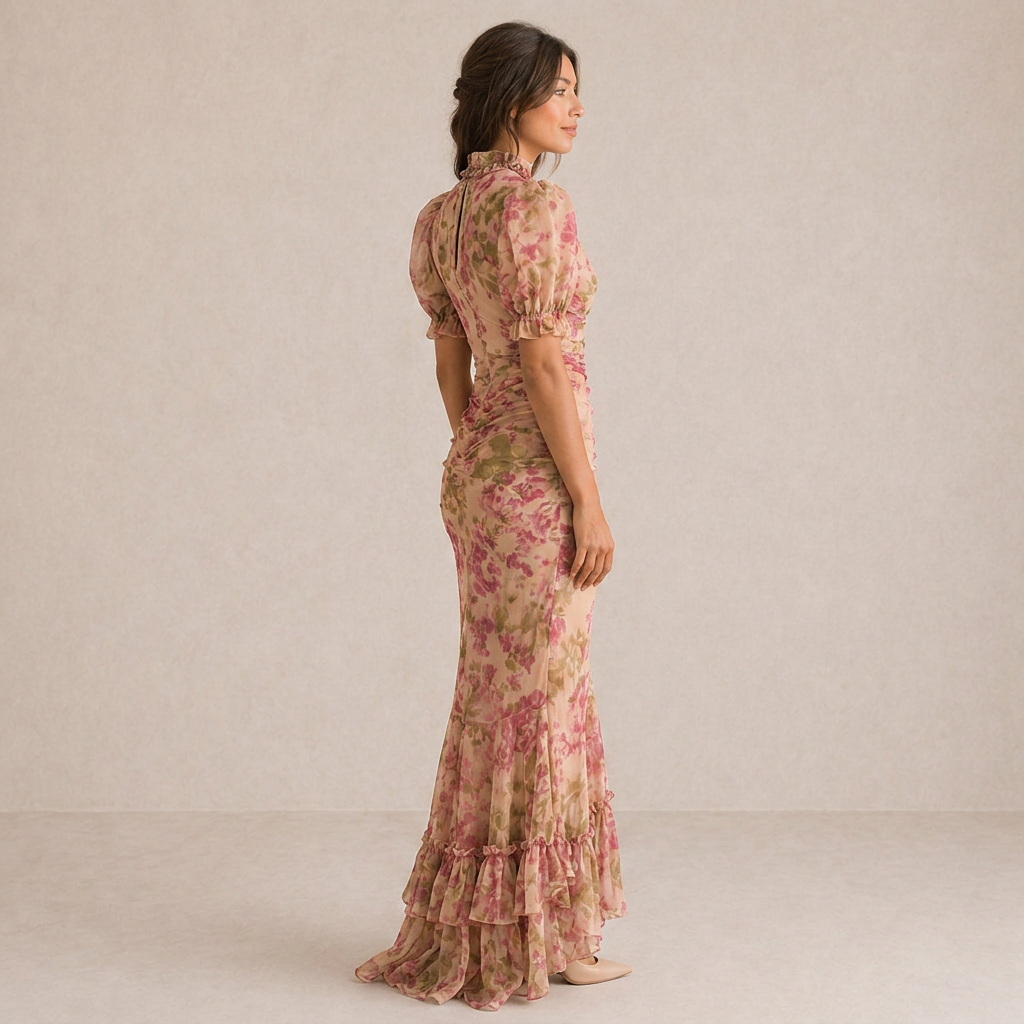 SAE | Vestido maxi rosa con mangas abullonadas