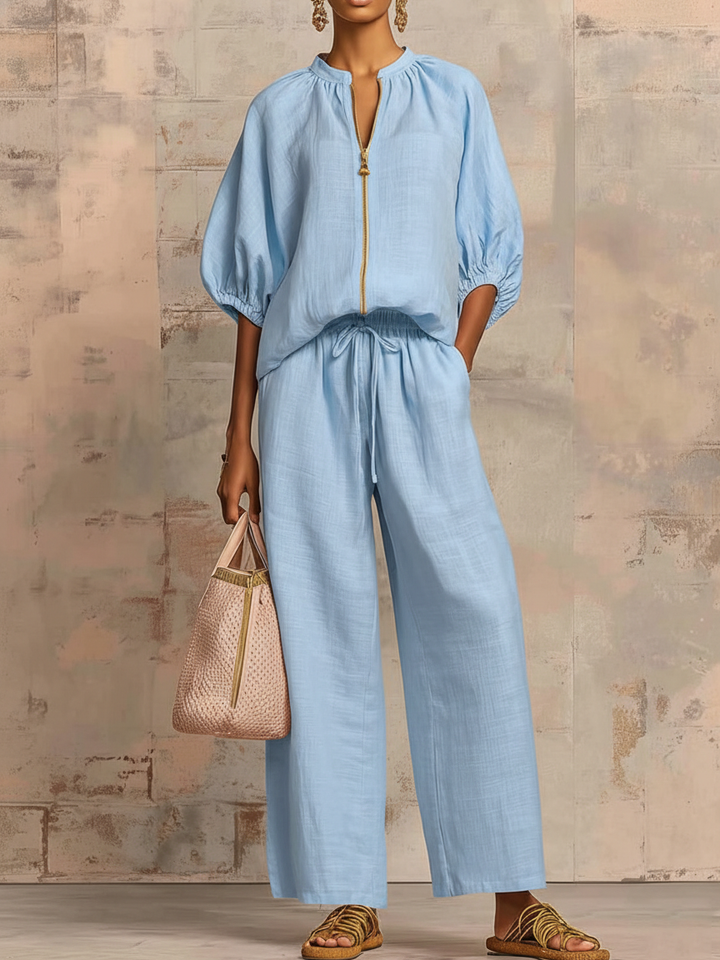 Léonie | Conjunto elegante de dos piezas de algodón y lino