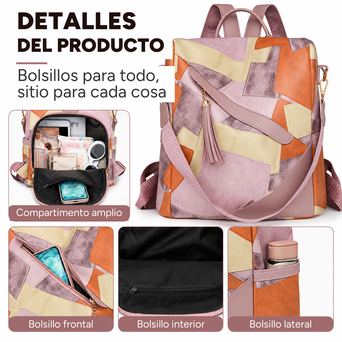 Detalles del producto: compartimento amplio, bolsillo frontal, interior y lateral