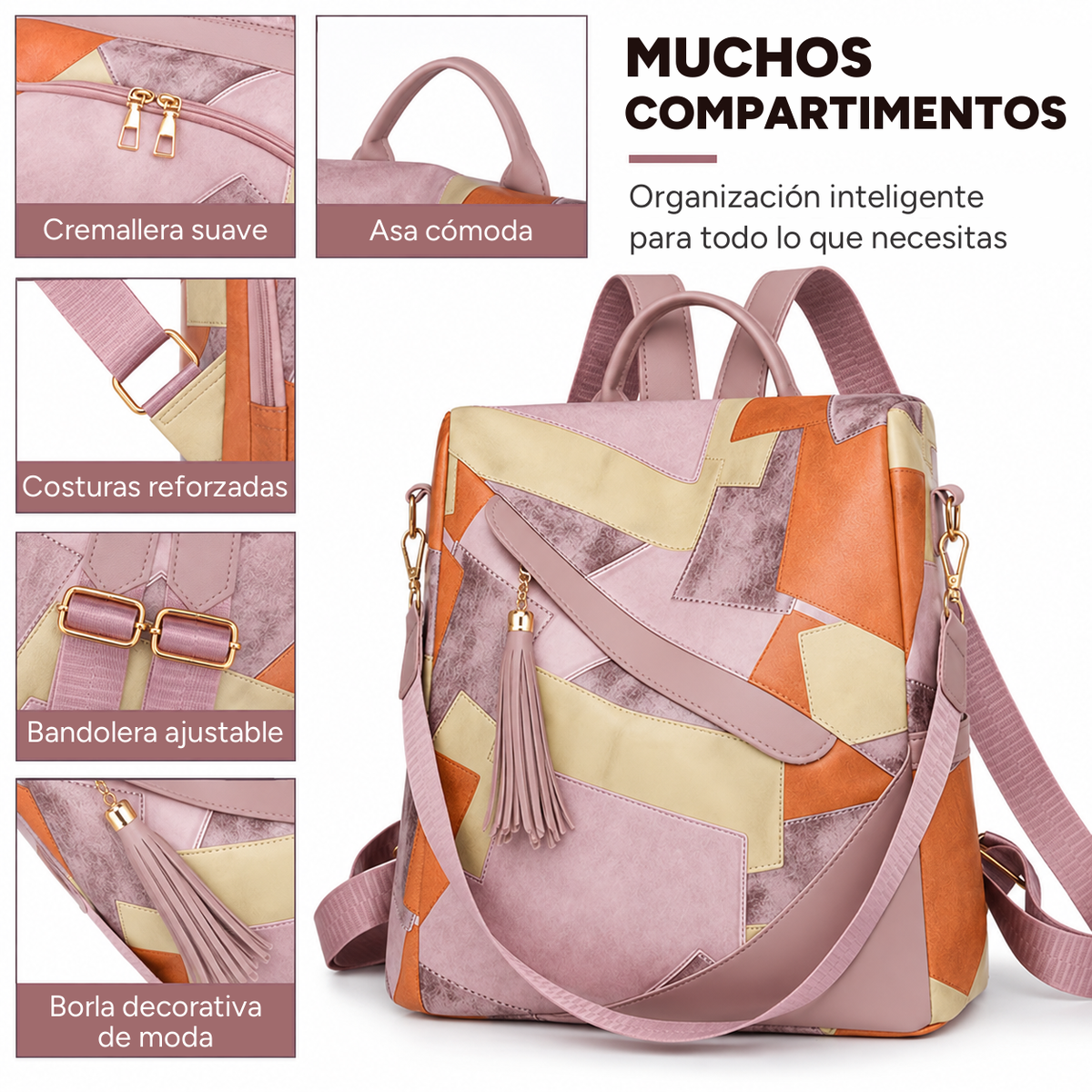 Muchos compartimentos: cremallera suave, asa cómoda, costuras reforzadas, bandolera ajustable