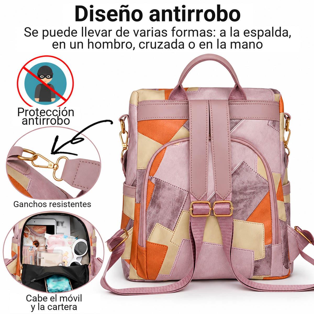 Diseño antirrobo: protección antirrobo, ganchos resistentes, cabe el móvil y la cartera