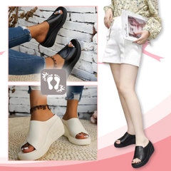 Collage: mules con cuña en negro y beige llevadas por la calle