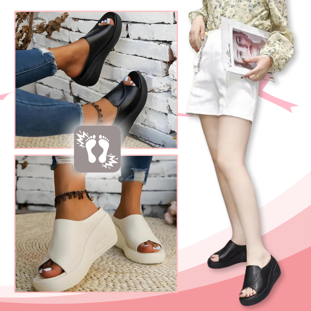 Collage: mules con cuña en negro y beige llevadas por la calle