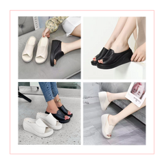 Cuatro fotos de las mules con cuña en beige y negro en uso diario