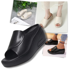 Collage: mules con cuña en beige y negro llevadas en distintas ocasiones