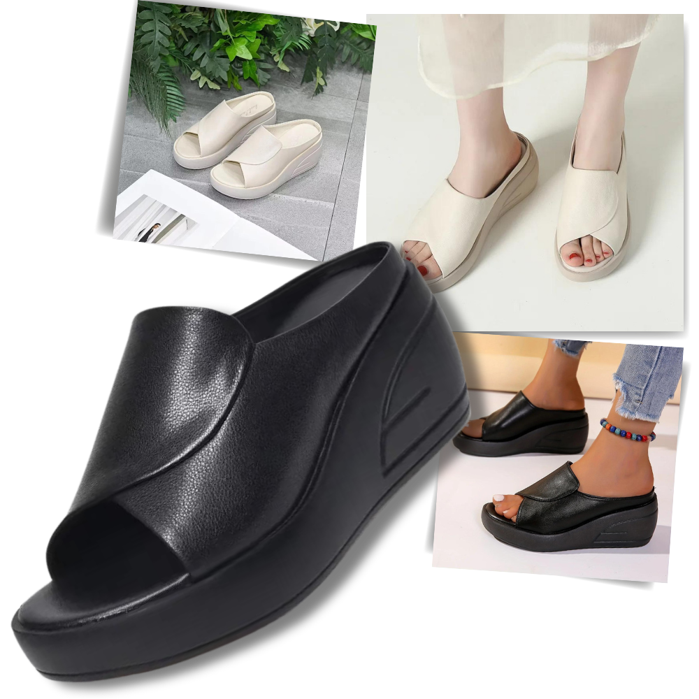 Collage: mules con cuña en beige y negro llevadas en distintas ocasiones