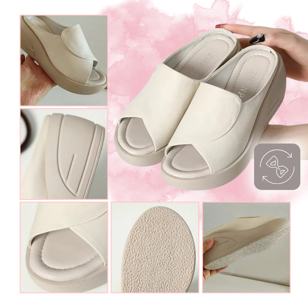 Detalles de las mules en beige: plantilla acolchada, cuña y suela antideslizante